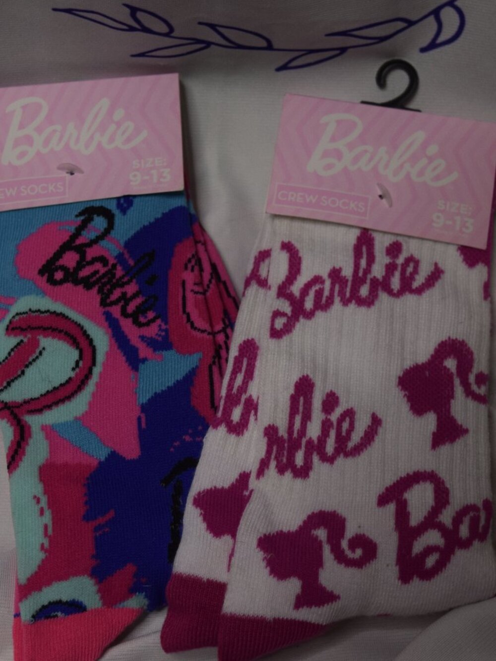 2 Pairs Of Barbie Themed Crew Socks Size 9-13
